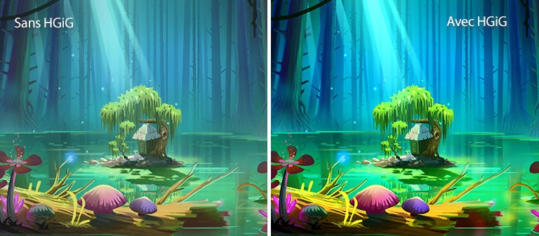 Une image animée d’une petite maison et d’un arbre, sur un petit terrain au milieu d’une mare entourée de grands arbres sans feuilles, accompagné du texte « avec HGiG » en haut à droite, l’image est plus lumineuse et de meilleure qualité que celle sans HGiG.