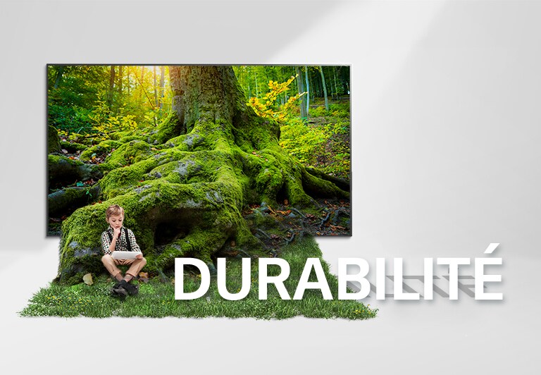La racine d’un arbre géant sort d’un écran de téléviseur et couvre le sol d’herbe. Un enfant est assis dans l’herbe.