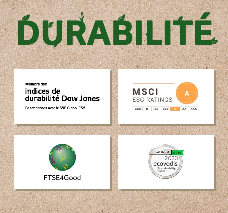 Un logo de Dow Jones Sustainability Indices (Indices de durabilité Dow Jones). Un logo de FTSE4Good. Un logo d’Ecovadis Sustainability Rating (Note de durabilité d’Ecovadis). Un logo de MSCI ESG Ratings (Notes MSCI ESG).