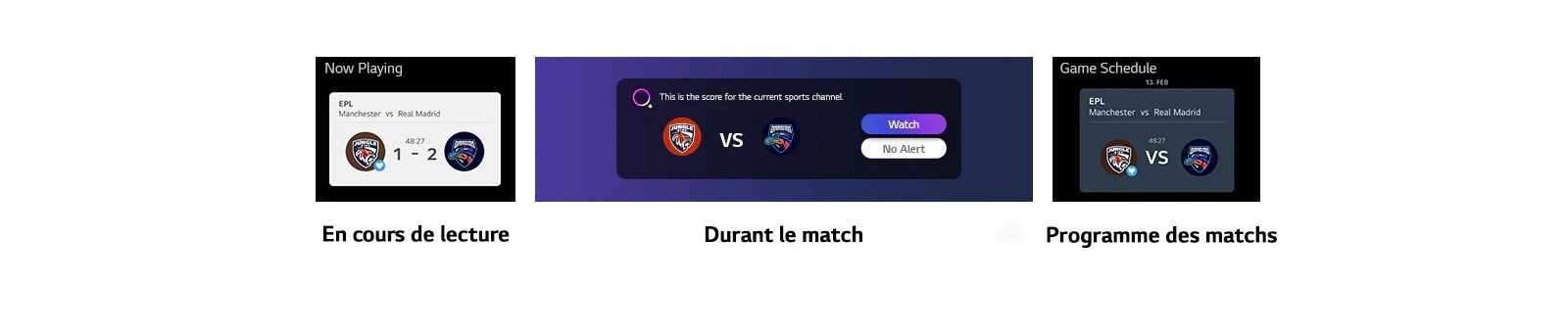 Plusieurs types de notifications en rapport avec les résultats, les rencontres et les heures de débuts sont listées horizontalement sous l’image.