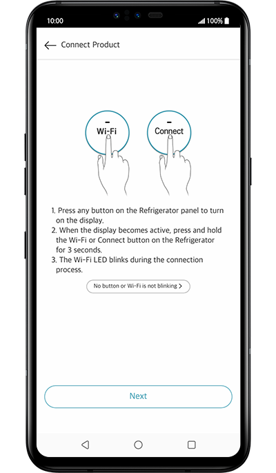 La quatrième étape de la marche à suivre pour utiliser l’application ThinQ et enregistrer le produit. Il y a deux icônes qui montrent comment se connecter au Wi-Fi sur l’appareil de l’utilisateur.
