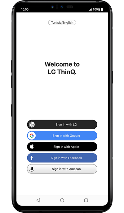La première étape de la marche à suivre pour utiliser l’application ThinQ et enregistrer le produit. L’interface utilisateur de l’application LG ThinQ salue l’utilisateur au moment où il l’ouvre.