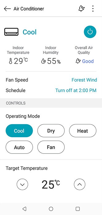 L'interface utilisateur de l'application LG ThinQ affiche l'état de la pièce, comme la température et la qualité de l'air. En outre, l'application LG ThinQ permet de contrôler le mode et la température de la climatisation.