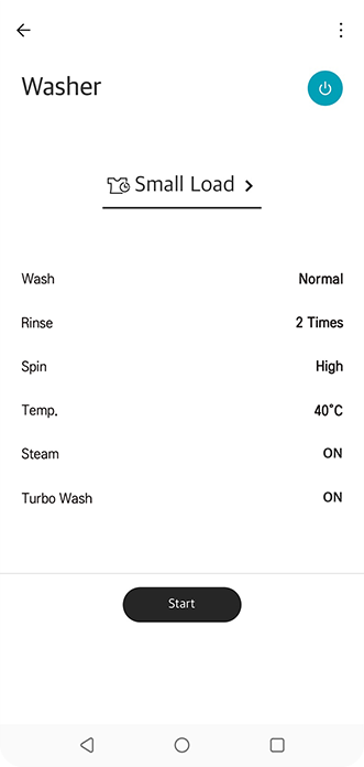 L’interface utilisateur de l’application LG ThinQ montre que le lave-linge LG est mis en veille, et qu’un cycle de lavage de coton a été paramétré.