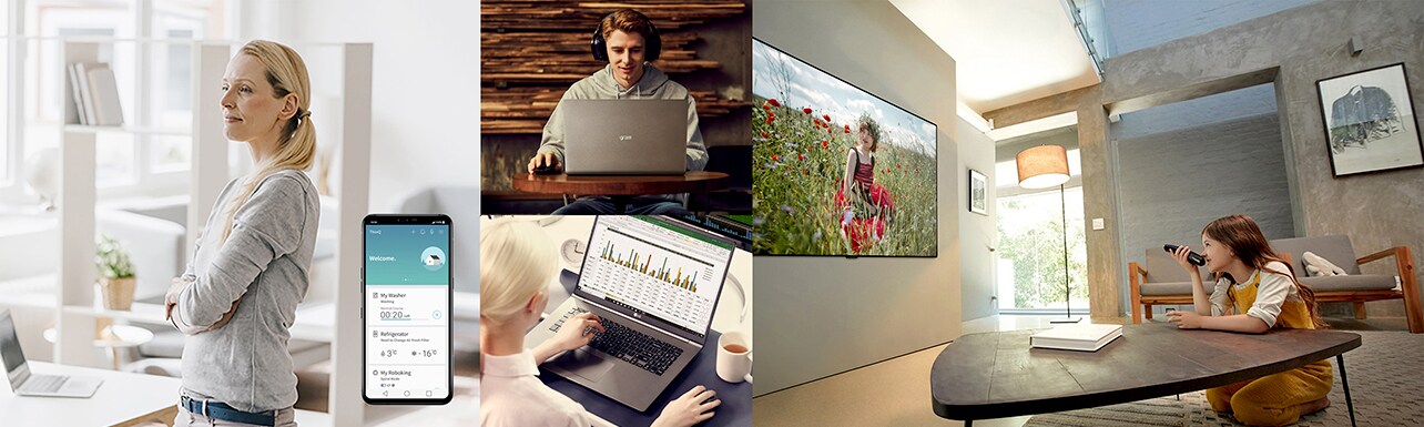 Plusieurs images montrent des gens utilisant des appareils intelligents LG qui les aident à télé-travailler