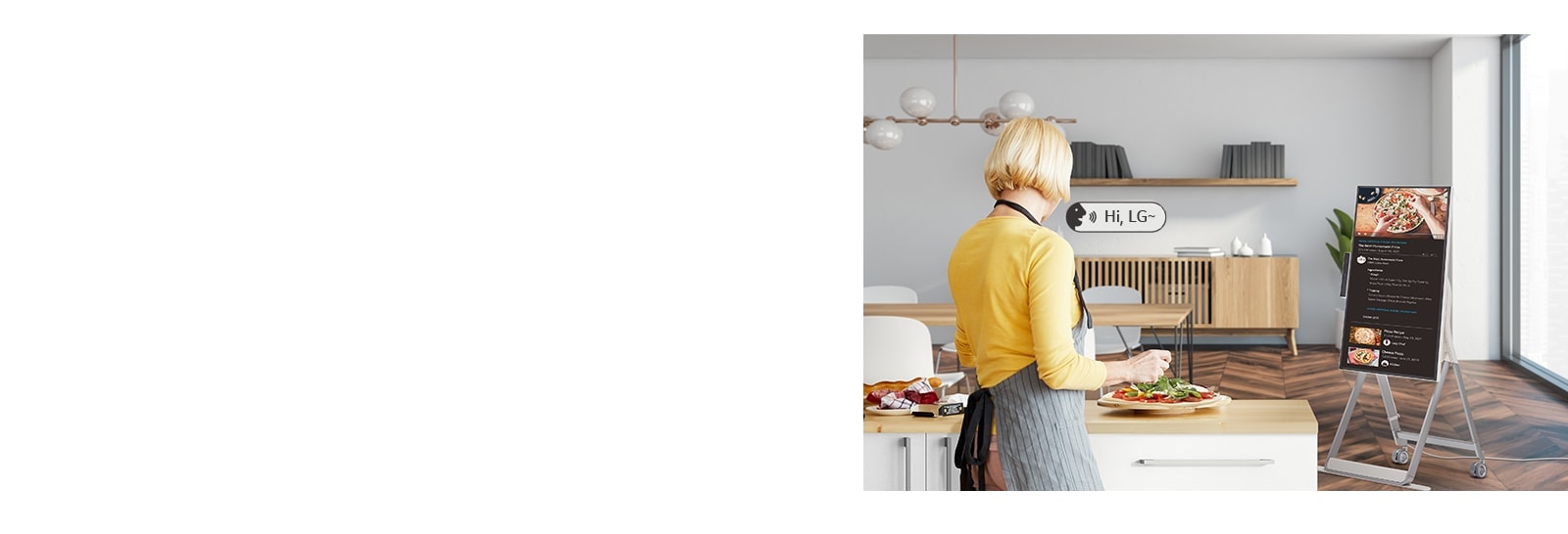 一位正使用語音指令的女性，在煮飯時以語音指令控制 One:Quick Flex。