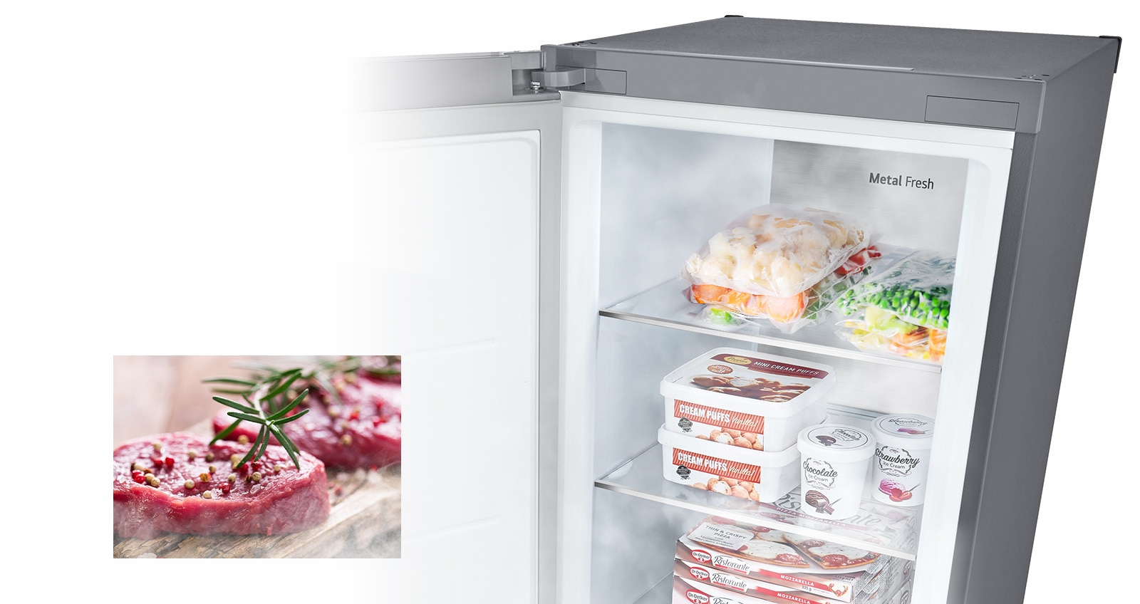 顯示打開的冰箱，裡面裝滿農產品且冷風吹過的圖片。第二張圖片顯示已解凍並準備烹飪的未煮熟生肉。
