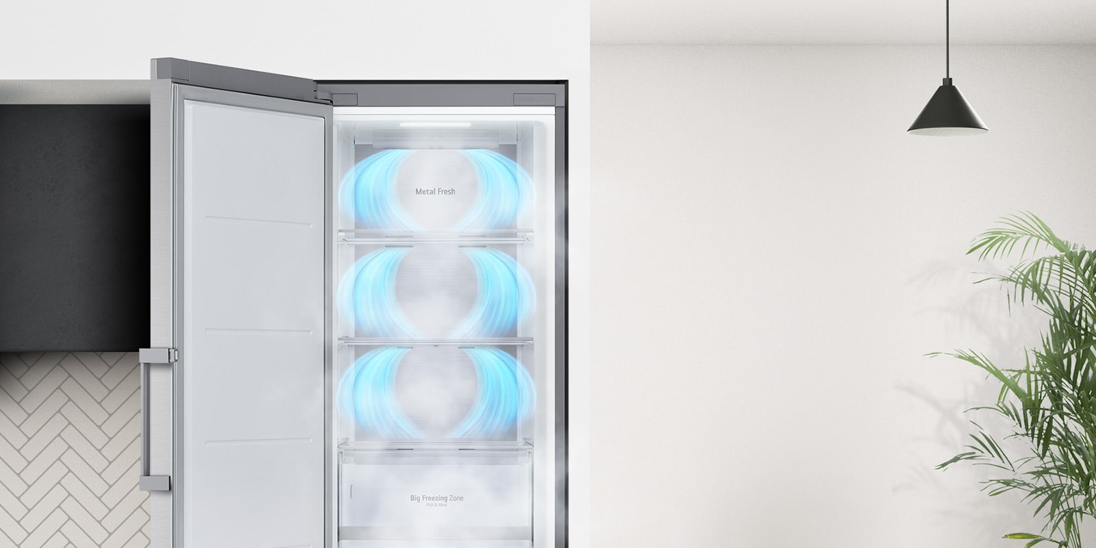 顯示門打開的冷凍櫃。藍色冷空氣從每個部分的頂部吹來，包圍其中的食物。