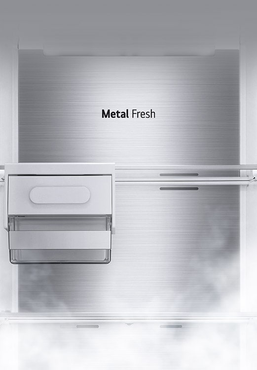 冷凍櫃內部為空的，內部層架和隔板就位，背面標示「Metal Fresh」。