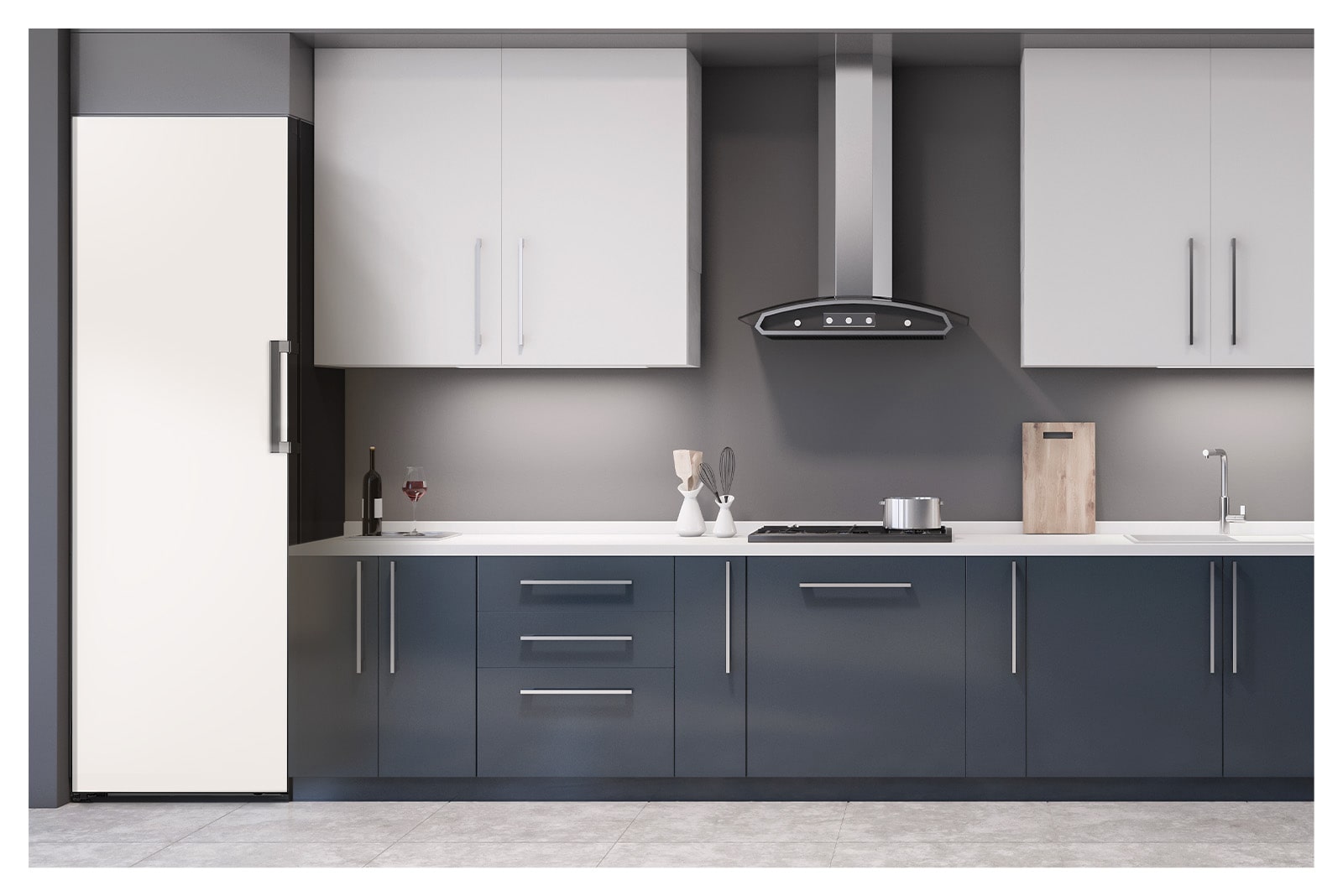 It shows mist beige color LG Freezer Objet Collection is placed in a dark-tone modern kitchen.