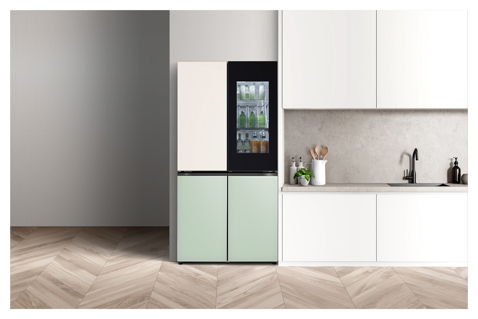 It shows mist mint&silver color LG French Door Objet Collection is placed in a bright-tone modern kitchen.