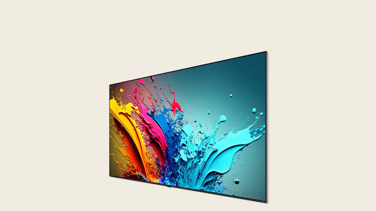 LG QNED85 螢幕顯示色彩繽紛的藝術作品。