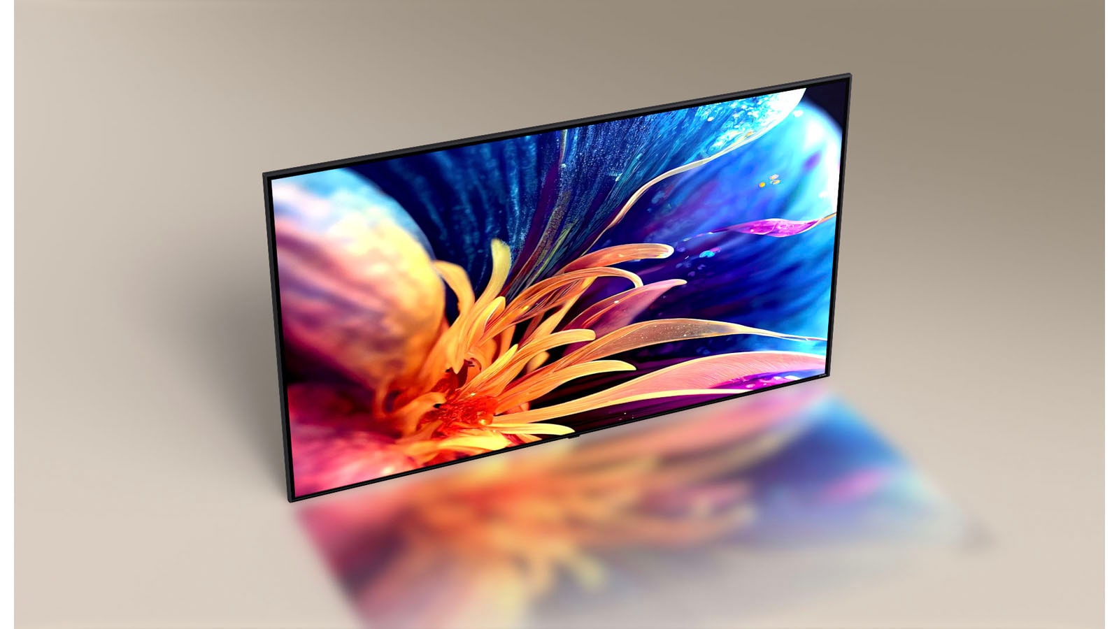 從鳥瞰相機角度俯視超薄型 LG TV 相機角度投影片顯示電視的正面，透露出五顏六色花卉放大的圖片。