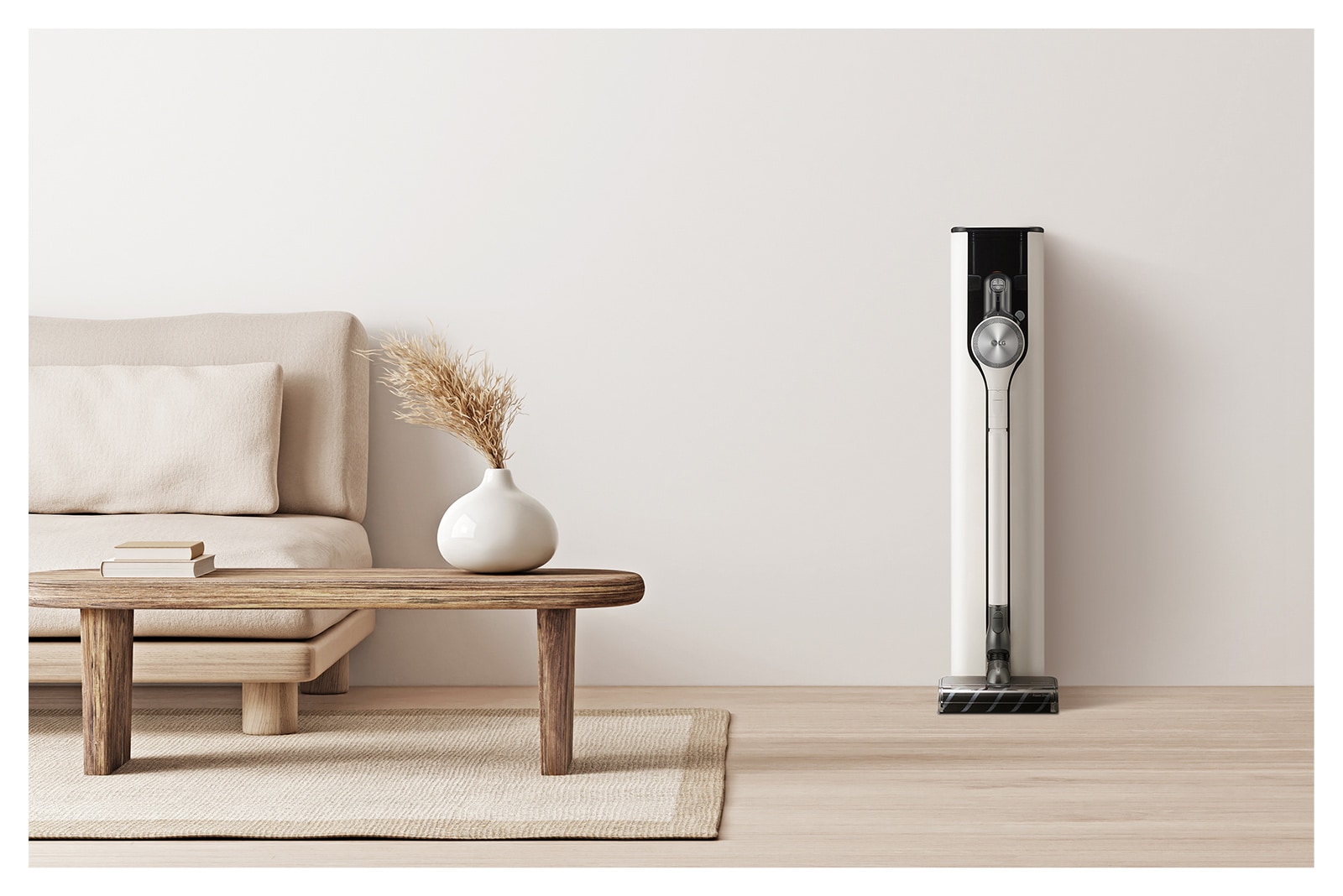 顯示雪霧白的 LG CordZero All-in-One 吸塵器 Objet 系列放置在與周圍家具搭配自然的客廳內。