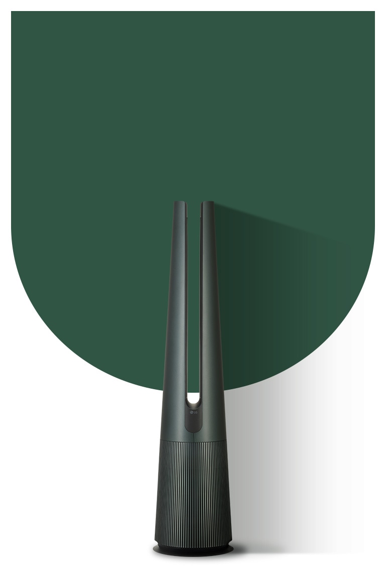 顯示自然綠的  LG AeroTower 風革機 Objet Collection。