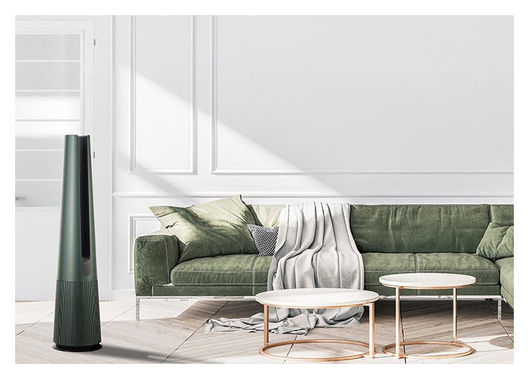 顯示自然綠的 LG AeroTower 風革機 Objet Collection 置於現代客廳中。