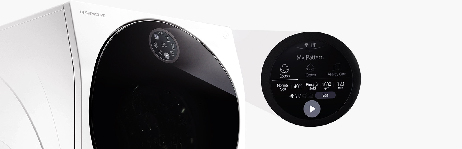 LG SIGNATURE 及其 Quick Circle GUI 放置在具有白色背景畫面的中央位置。