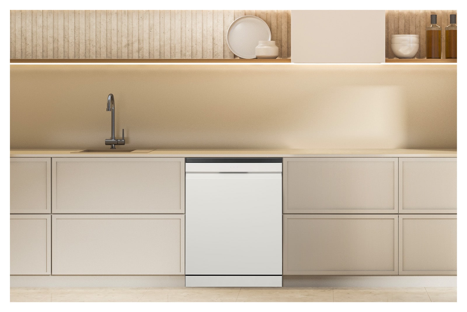 雪霧白 LG 洗碗機 Objet Collection 放置在明亮色調的現代廚房中。