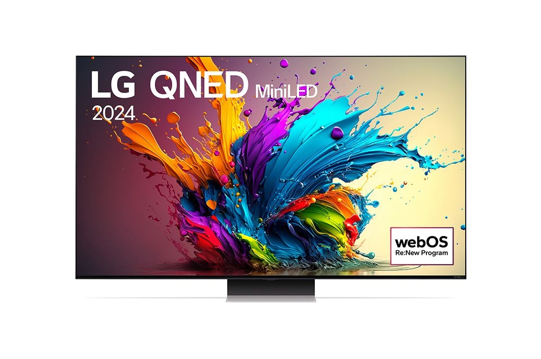 LG 86吋/ LG QNED MiniLED 量子奈米 4K AI 語音物聯網 91 系列 (可壁掛)/2024, LG QNED 電視 QNED91 的前視圖，螢幕上有一段文字，展示着 LG QNED MiniLED、2024 和 webOS Re:New Program 的標誌。, 86QNED91TTA