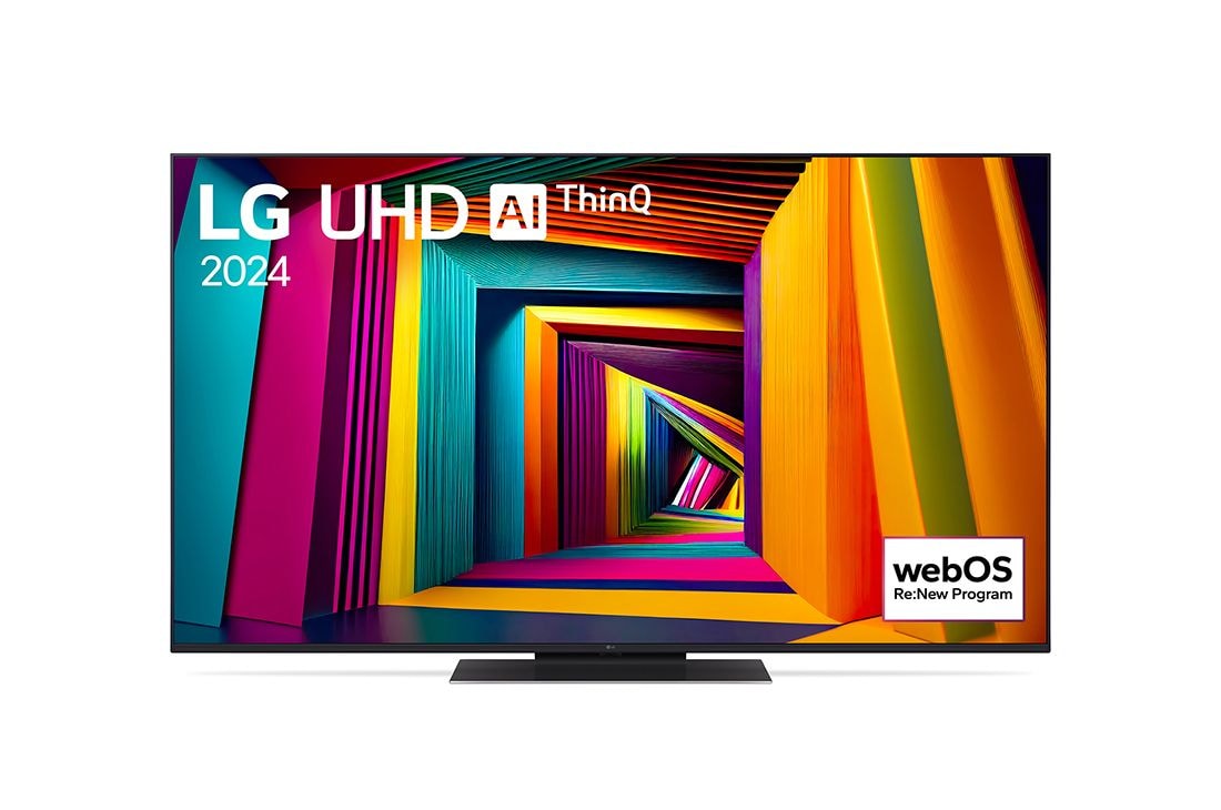 LG 55吋/ LG UHD 4K AI 語音物聯網 91 系列 (可壁掛)/2024, LG UHD 電視 UT91 的前視圖，螢幕上有一段文字，展示着 LG UHD AI ThinQ、2024 和 webOS Re:New Program 的標誌。, 55UT9150PTA