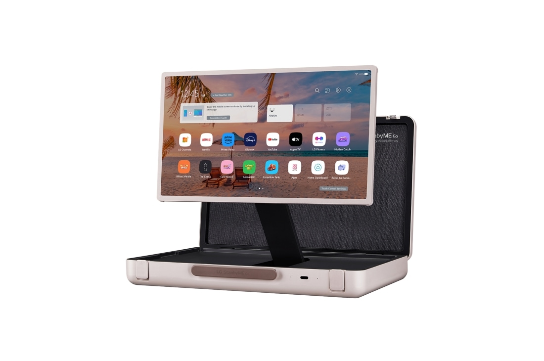 LG StanbyME Go 閨蜜機 樂Go版 無線可攜式觸控螢幕, 47 度水平模式側視圖，顯示高度向上調整，顯示首頁畫面, 27LX5QKNA