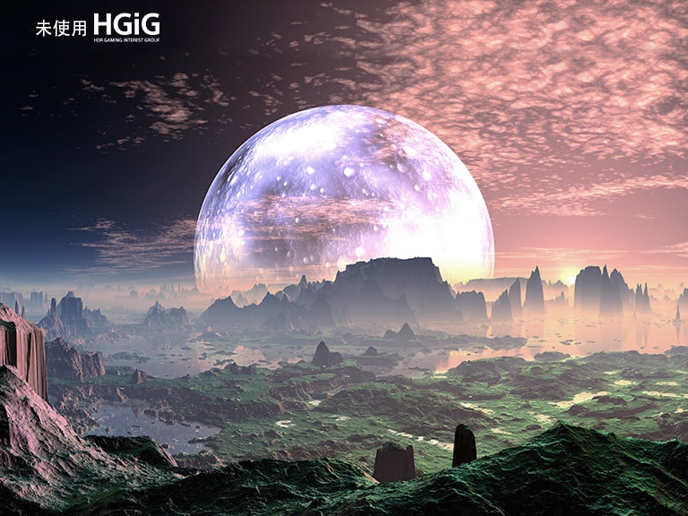 田園詩般的類地行星的黎明場景分為兩部分 – 左側較暗，較不亮，左上角文字顯示未使用 HGiG。右邊是更明亮的場景，右上角顯示使用 HGiG 文字。