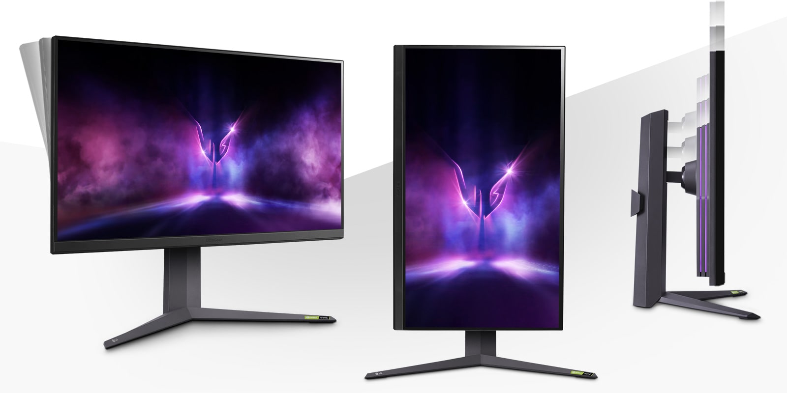The image shows three modes of the three-sided narrow bezel monitor, allowing esports players to tilt, height adjust and pivot to play games comfortably.