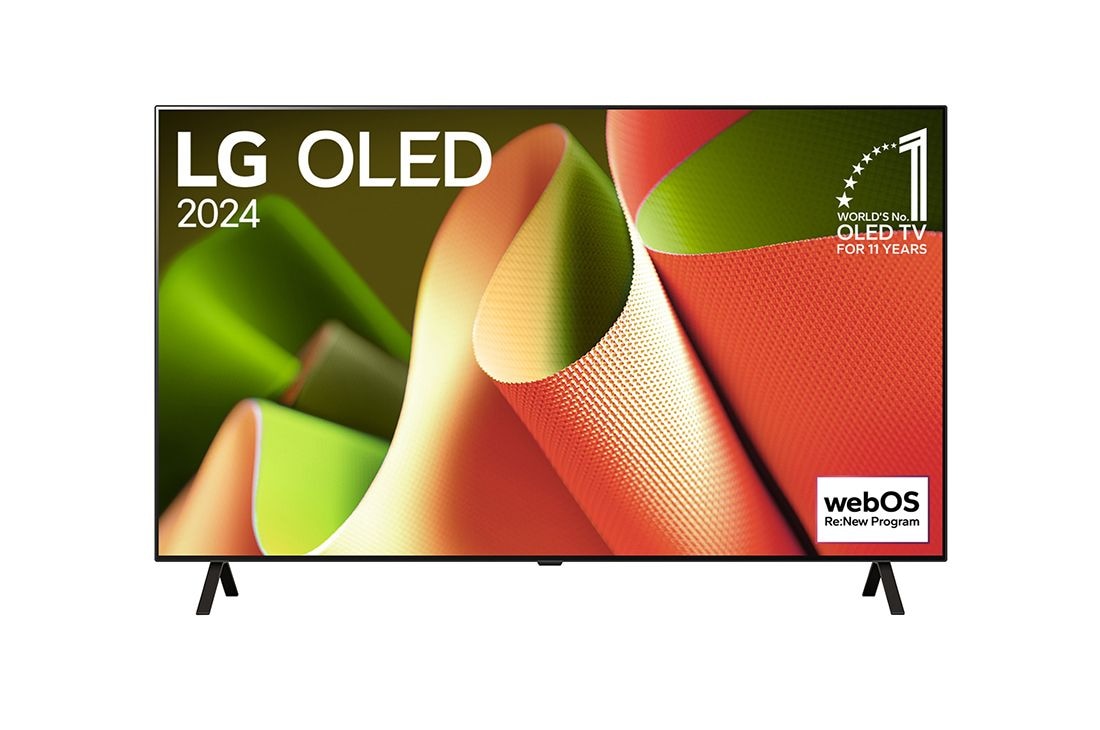 LG 65吋/ LG OLED 4K AI 語音物聯網 B4 經典系列 (可壁掛)/2024, LG OLED TV，OLED B4 的前視圖、11 年全球第一 OLED 標誌，以及 webOS Re:New 程式標誌在 2 桿支架的螢幕上。, OLED65B4PTA