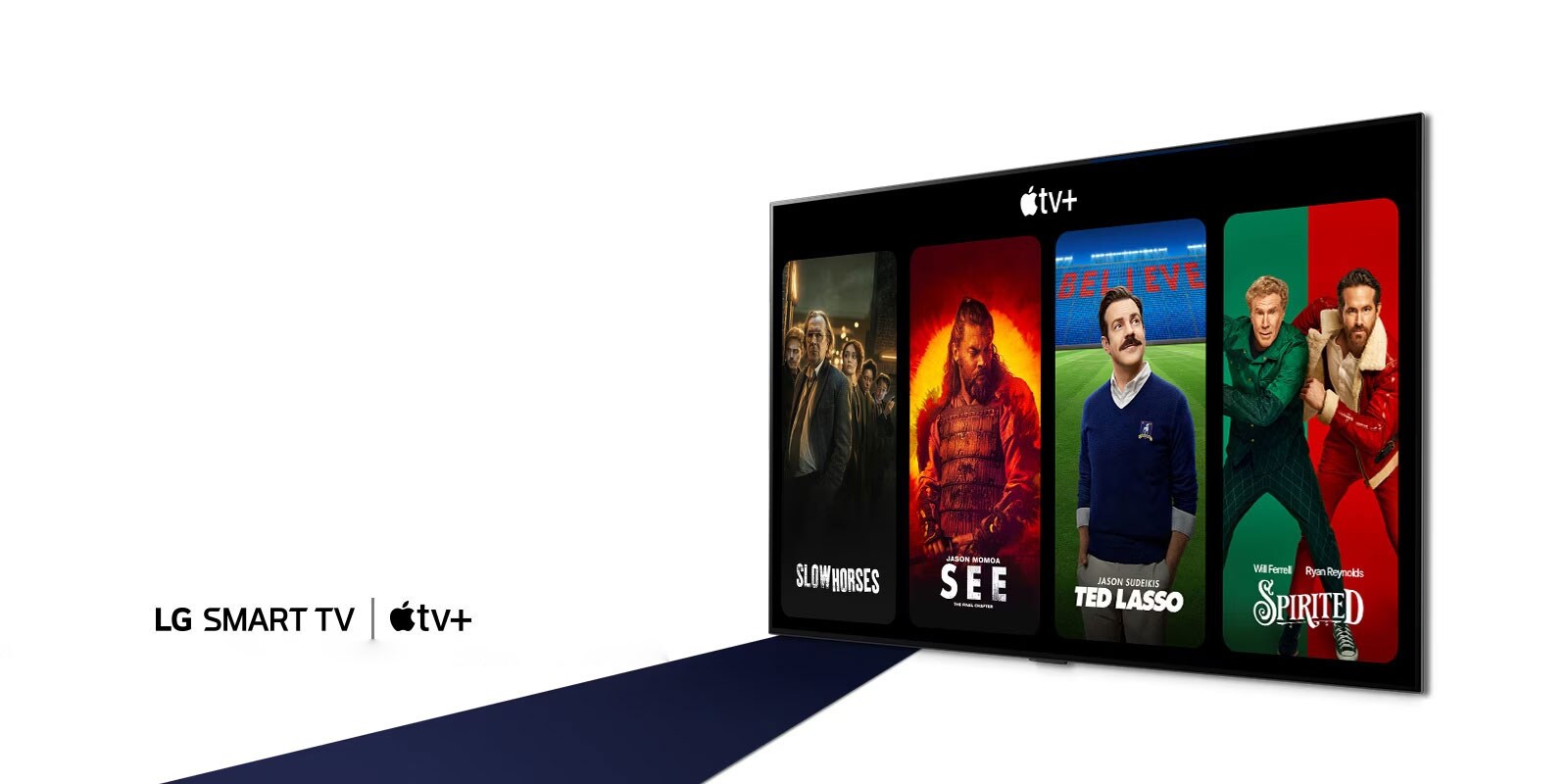 LG OLED 電視的圖片。Apple TV+ 的內容出現在螢幕上，標題是「使用 LG 智慧電視免費享用三個月的 Apple TV+」。