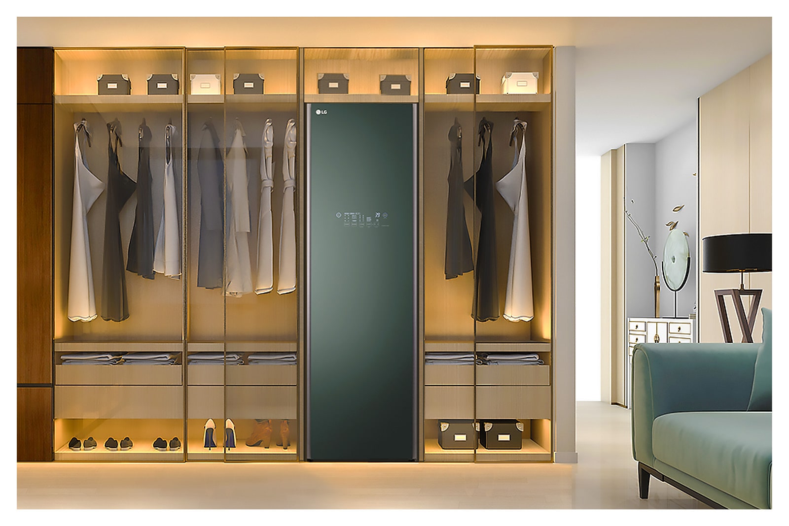 It shows LG Styler Objet Collection stood with built-in closet in dressing room.