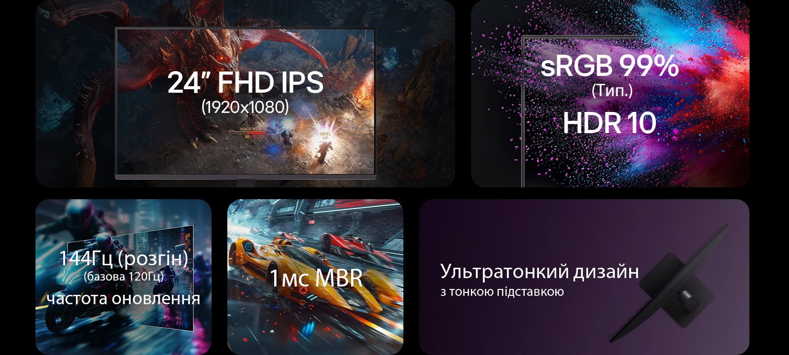 24-дюймовий FHD IPS 1920x1080, sRGB 99%, HDR 10, частота оновлення 120 Гц, час оновлення 1 мс, надтонкий дизайн
