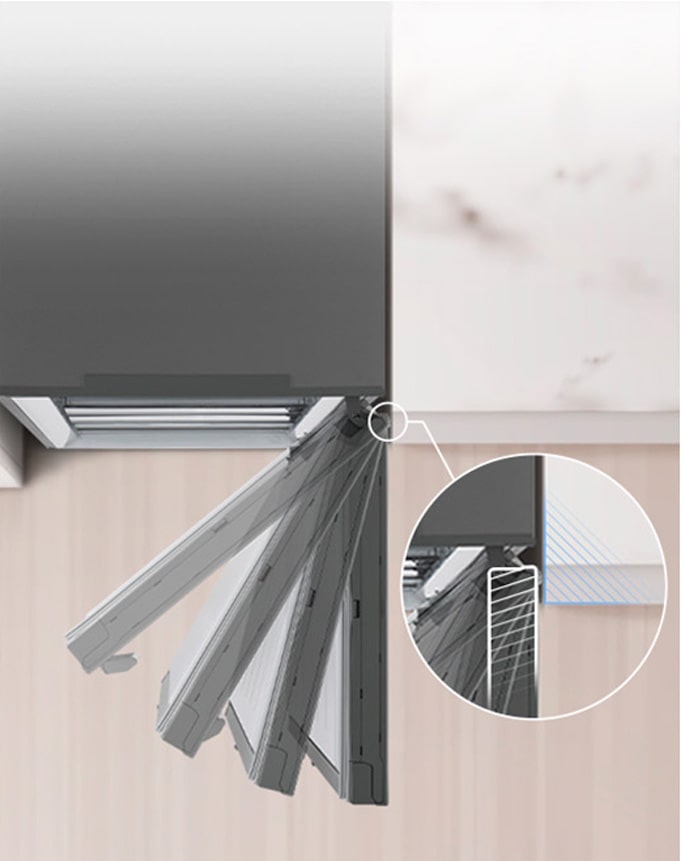 Вид згори донизу на холодильник, встановлений біля стіни з нульовим зазором дверної петлі.