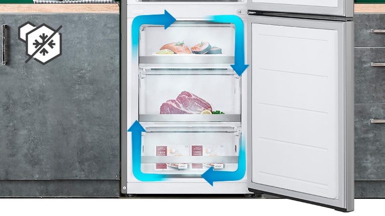 Морозильна камера No-Frost із рівномірним охолодженням і циркуляцією холодного повітря допомагає зберігати продукти свіжими в будь-якому куточку вашого холодильника.