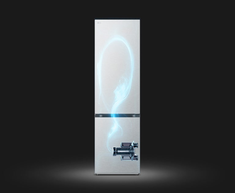 Показано затемнено холодильник та підсвічений синім кольором схематичний прохід холодоагента по ньому від компресора, розміщеного внизу праворуч.