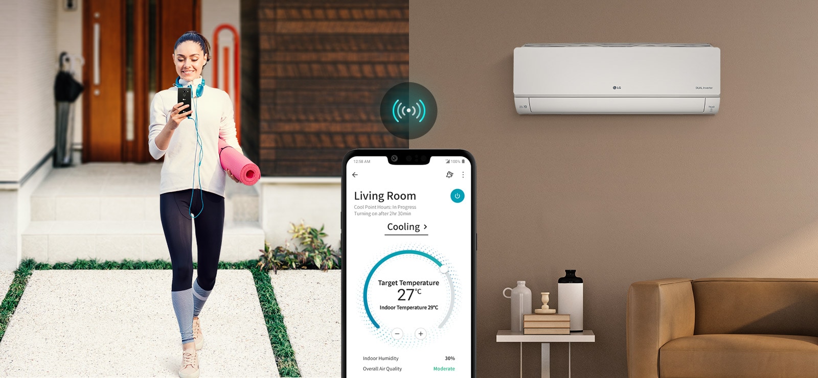 Застосунок для мобільного пристрою LG ThinQ™ дозволяє Вам легко підключитися до кондиціонери та керувати ним віддалено. Розпочніть охолодження Вашого дому віддалено лише одним натисканням кнопки.