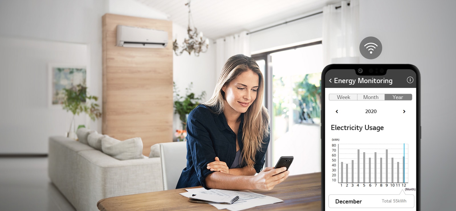Застосунок LG ThinQ™ постійно стежить за вашим кондиціонером. З легкістю перевіряйте його поточний стан та стежте за енергоспоживанням.