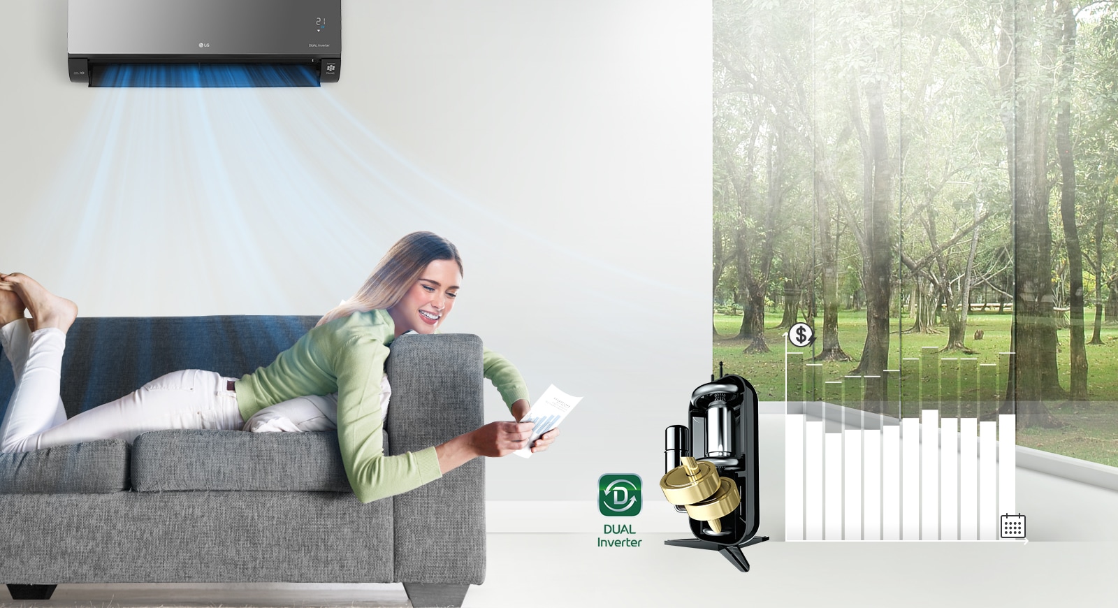 Жінка лежить на дивані, посміхаючись, коли над нею дує повітря кондиціонер. Праворуч від жінки є логотип DUAL Inverter і зображення інверторного компресора. Далі праворуч — гістограма. Смужки піднімаються вгору, вказуючи на те, що витрачено більше грошей, а потім опускаються, показуючи, що подвійний інвертор економить гроші клієнтів.