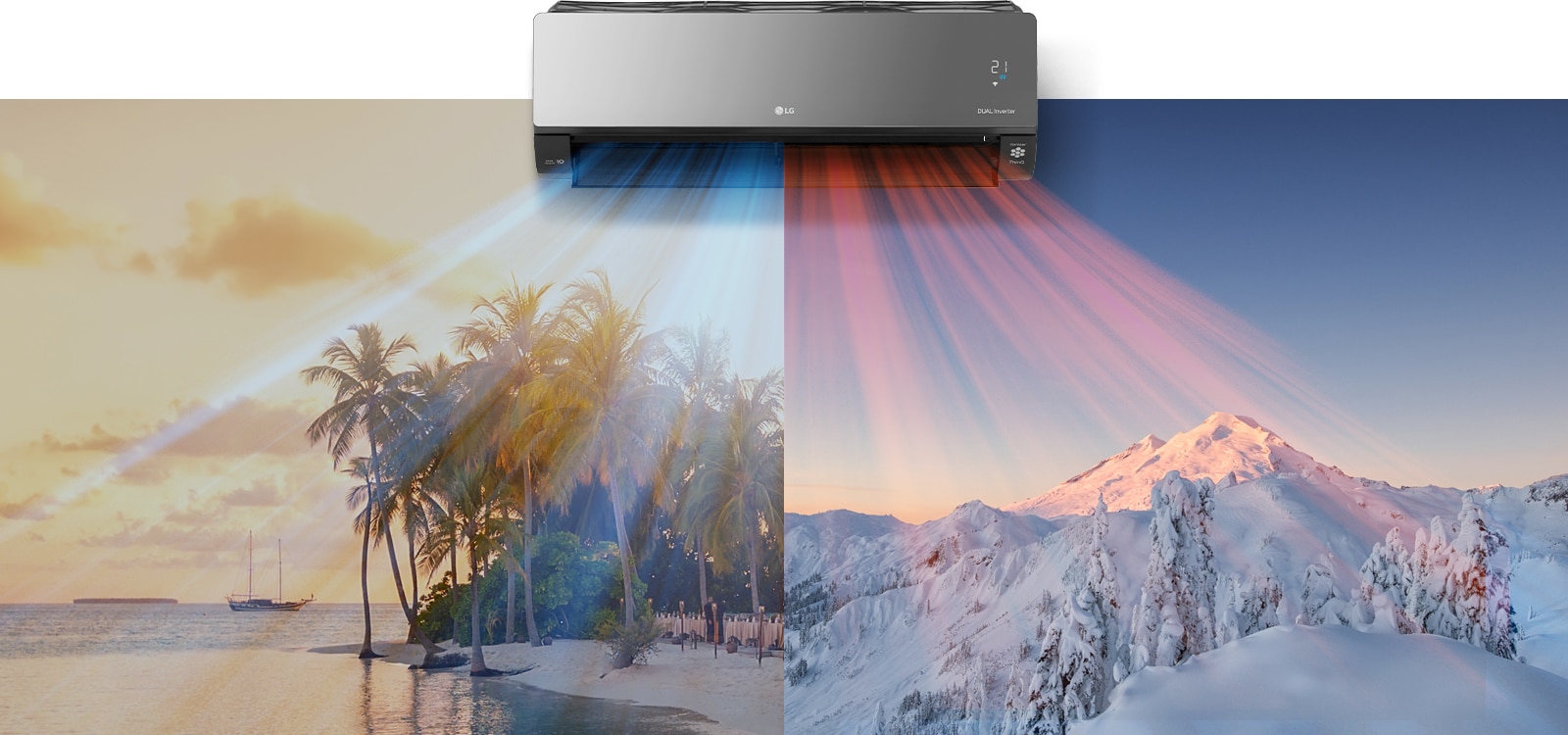 Угорі по центру зображення висить кондиціонер LG. Під ним розташовано два зображення: на одному зображено спекотний пляж, а на другому – засніжену гору. З кондиціонера виходить прохолодне блакитне повітря на пляжі та тепле червоне повітря на сніговій сцені.