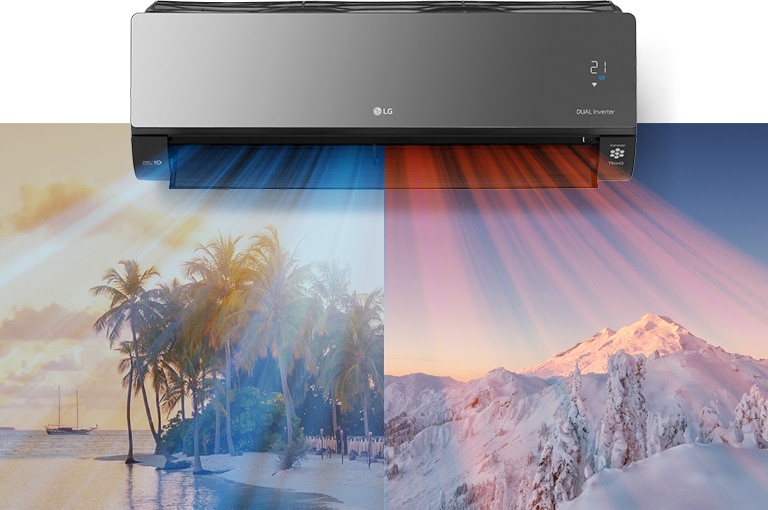 Угорі по центру зображення висить кондиціонер LG. Під ним розташовано два зображення: на одному зображено спекотний пляж, а на другому – засніжену гору. З кондиціонера виходить прохолодне блакитне повітря на пляжі та тепле червоне повітря на сніговій сцені.