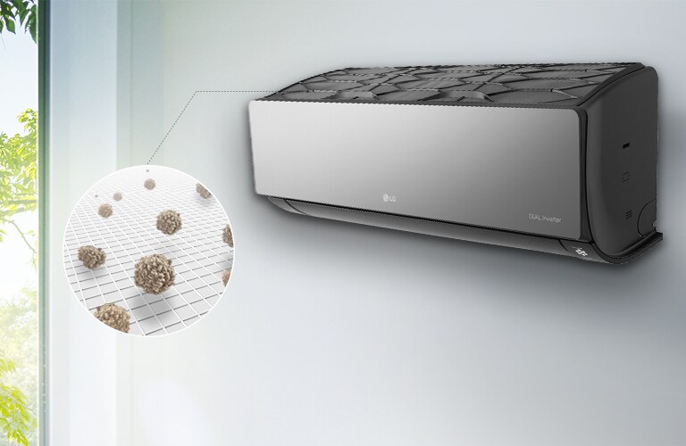 Вигляд збоку на кондиціонер LG, розміщений на стіні. Лінія від фільтра попереднього очищення, розміщеного зверху, веде до збільшеного кола, що показує пил, який вловив цей фільтр.