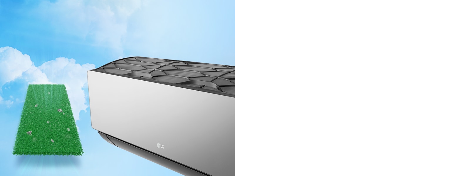 Вигляд на половину кондиціонера LG збоку на фоні синього неба з хмарками. Ліворуч від кондиціонера зображено антиалергенний фільтр, який вловлює частинки бруду.