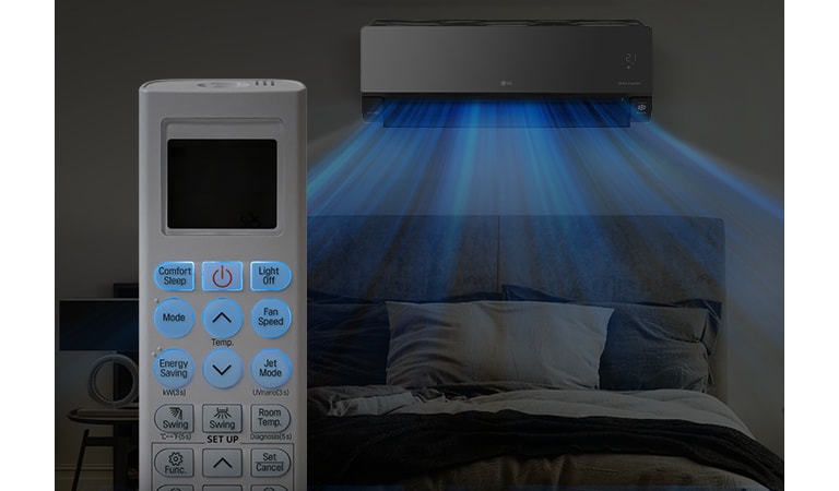 Зображено увімкнений кондиціонер над ліжком уночі. Кондиціонер випускає повітря синього кольору. Спереду ліворуч зображений пульт дистанційного керування з підсвічуванням клавіш.