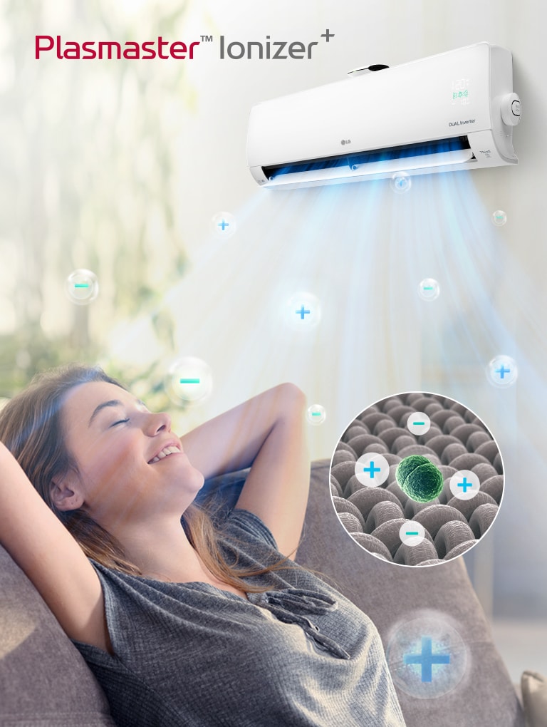 Кнопка відтворення/паузи внизу означає, що це відео. Жінка тягнеться назад, посміхаючись, на дивані. Кондиціонер LG на стіні над нею видуває повітря. Бульбашки зі знаками плюс і мінус рухаються по повітрю завдяки іонізатору Plastmaster. Є коло зі збільшеним видом плюс-мінус іонних бульбашок, що оточують бактерії та дезодорують їх. У кутку зображення можна побачити логотип Plasmaster Ionizer.