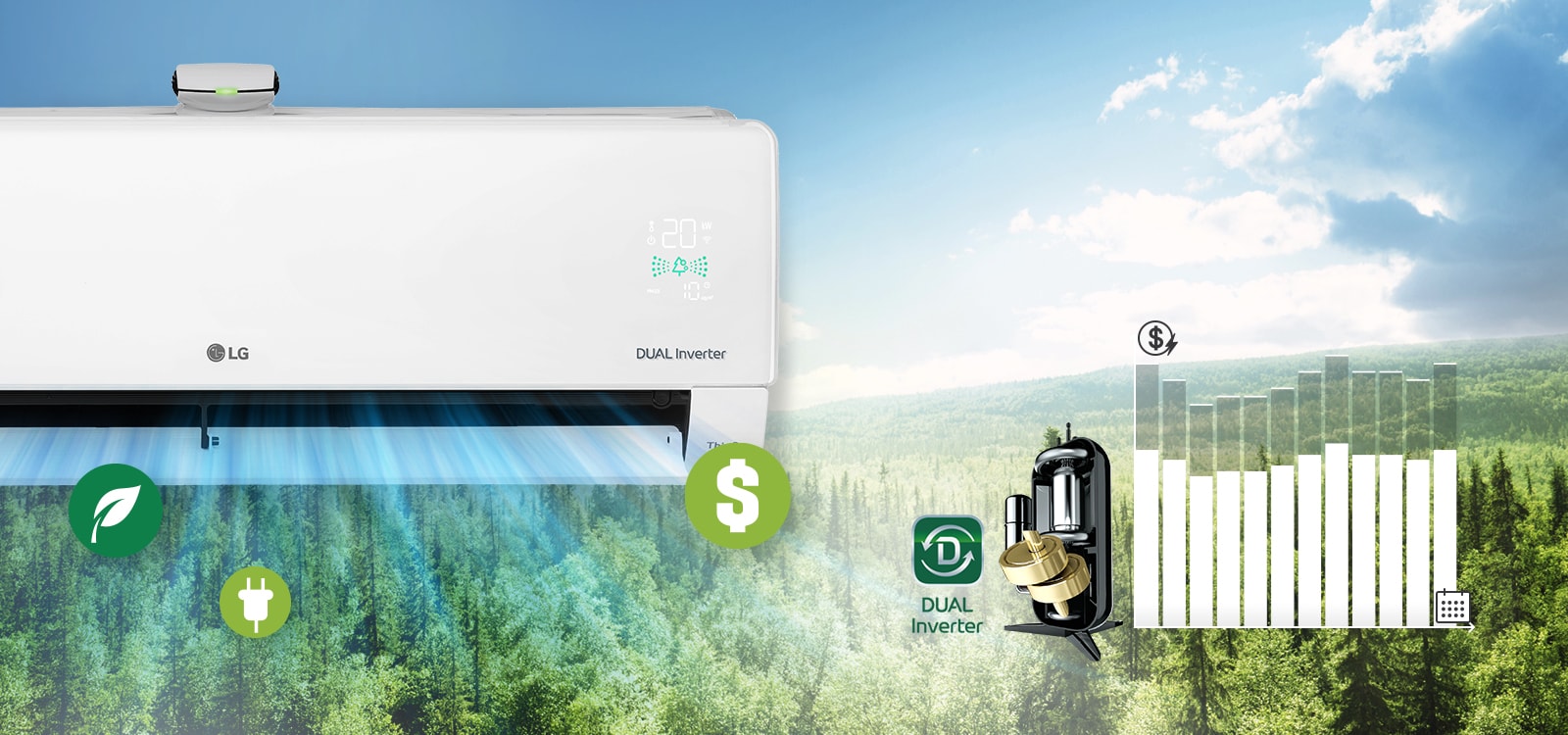 На задньому плані – лісовий пейзаж, збоку видно половину кондиціонера LG. Логотипи LG та DUAL Inverter можна побачити на пристрої, а панель якості повітря світиться зеленим кольором. Перед кондиціонером у повітрі, що видувається, є три значки, що позначають чисте повітря, гроші та енергію. Праворуч від машини є логотип DUAL Inverter  та зображення інверторного компресора. Далі праворуч — гістограма. Смужки піднімаються вгору, вказуючи на те, що витрачено більше грошей, а потім опускаються, показуючи, що подвійний інвертор економить гроші клієнтів.