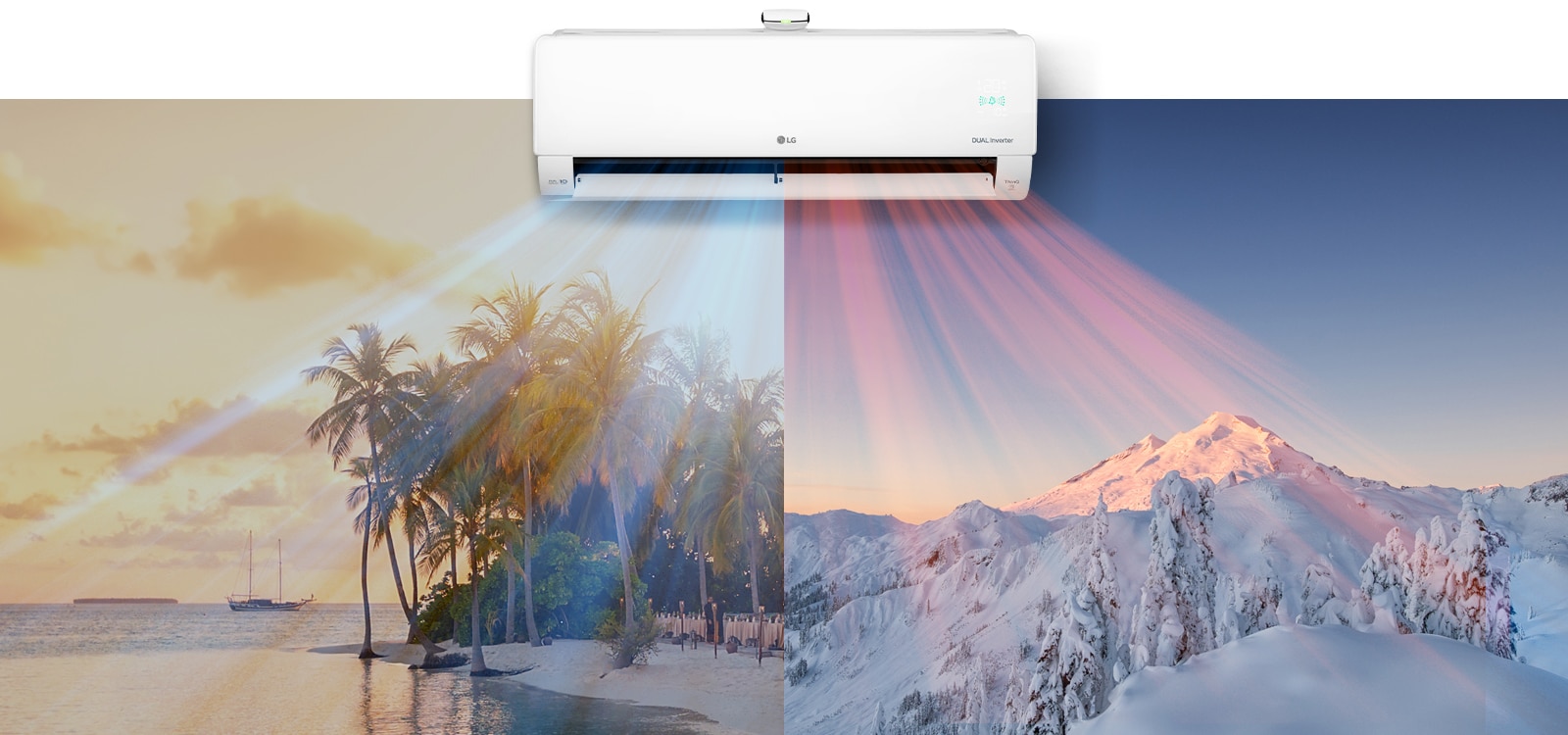 Угорі по центру зображення висить кондиціонер LG. Під ним розташовано два зображення: на одному зображено спекотний пляж, а на другому – засніжену гору. З кондиціонера виходить прохолодне блакитне повітря на пляжі та тепле червоне повітря на сніговій сцені.