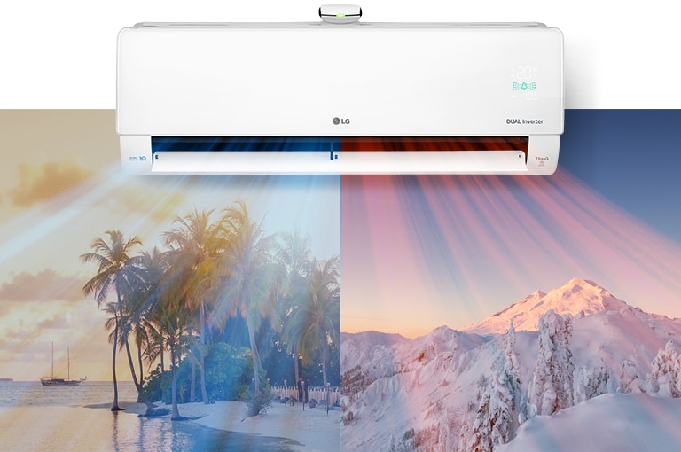 Угорі по центру зображення висить кондиціонер LG. Під ним розташовано два зображення: на одному зображено спекотний пляж, а на другому – засніжену гору. З кондиціонера виходить прохолодне блакитне повітря на пляжі та тепле червоне повітря на сніговій сцені.