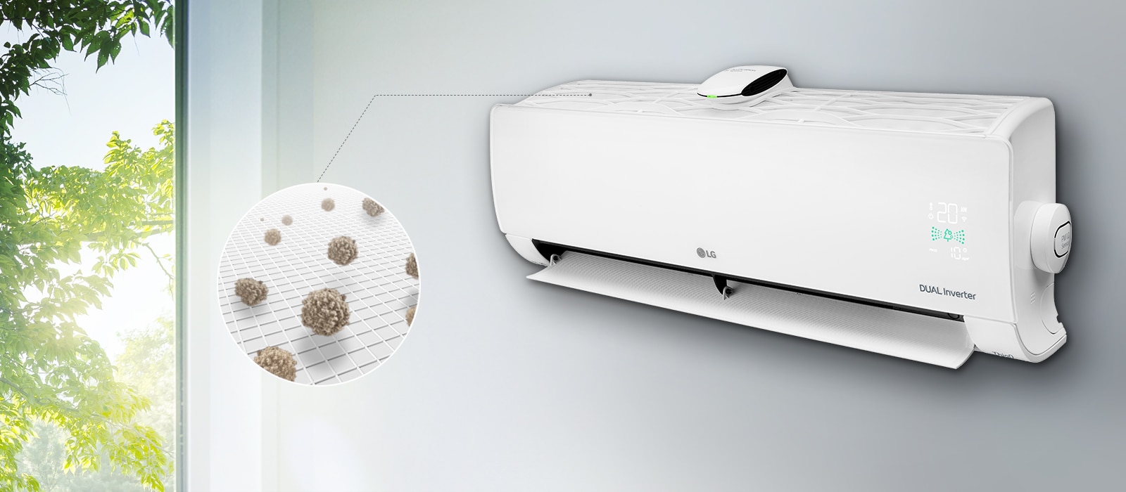 Вигляд збоку на кондиціонер LG, розміщений на стіні. Лінія від фільтра попереднього очищення, розміщеного зверху, веде до збільшеного кола, що показує пил, який вловив цей фільтр.