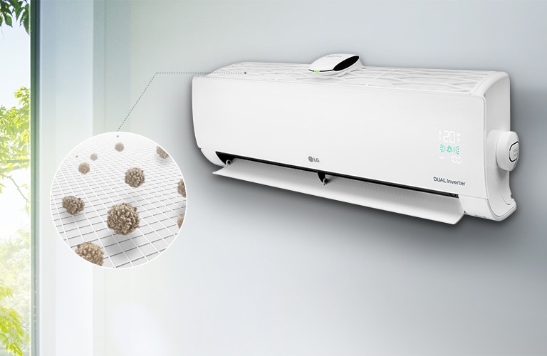 Вигляд збоку на кондиціонер LG, розміщений на стіні. Лінія від фільтра попереднього очищення, розміщеного зверху, веде до збільшеного кола, що показує пил, який вловив цей фільтр.