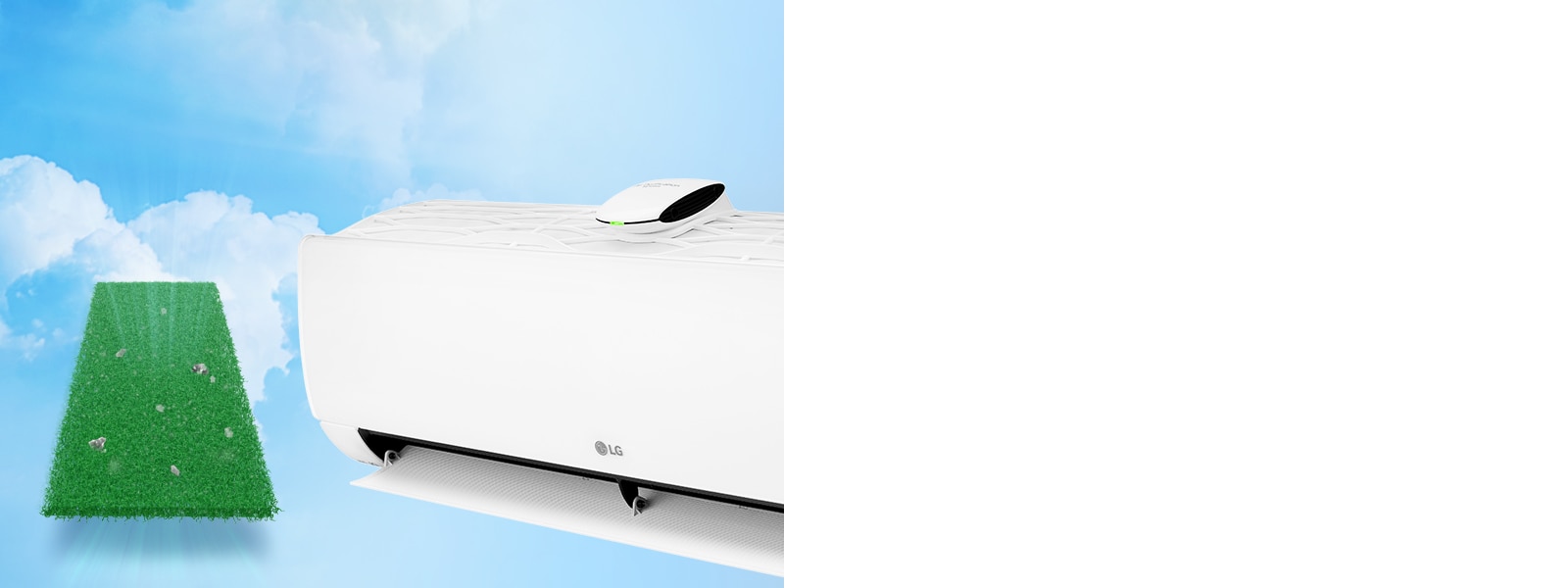 Вигляд на половину кондиціонера LG збоку на фоні синього неба з хмарками. Ліворуч від кондиціонера зображено антиалергенний фільтр, який вловлює частинки бруду.