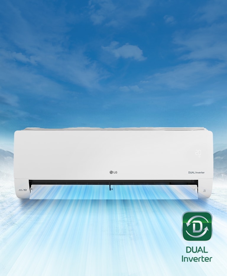 На задньому плані засніжений гірський пейзаж. Вид спереду кондиціонера на передньому плані, повітря виходить із нього. Логотип DUAL Inverter розташований у нижньому правому куті відео.